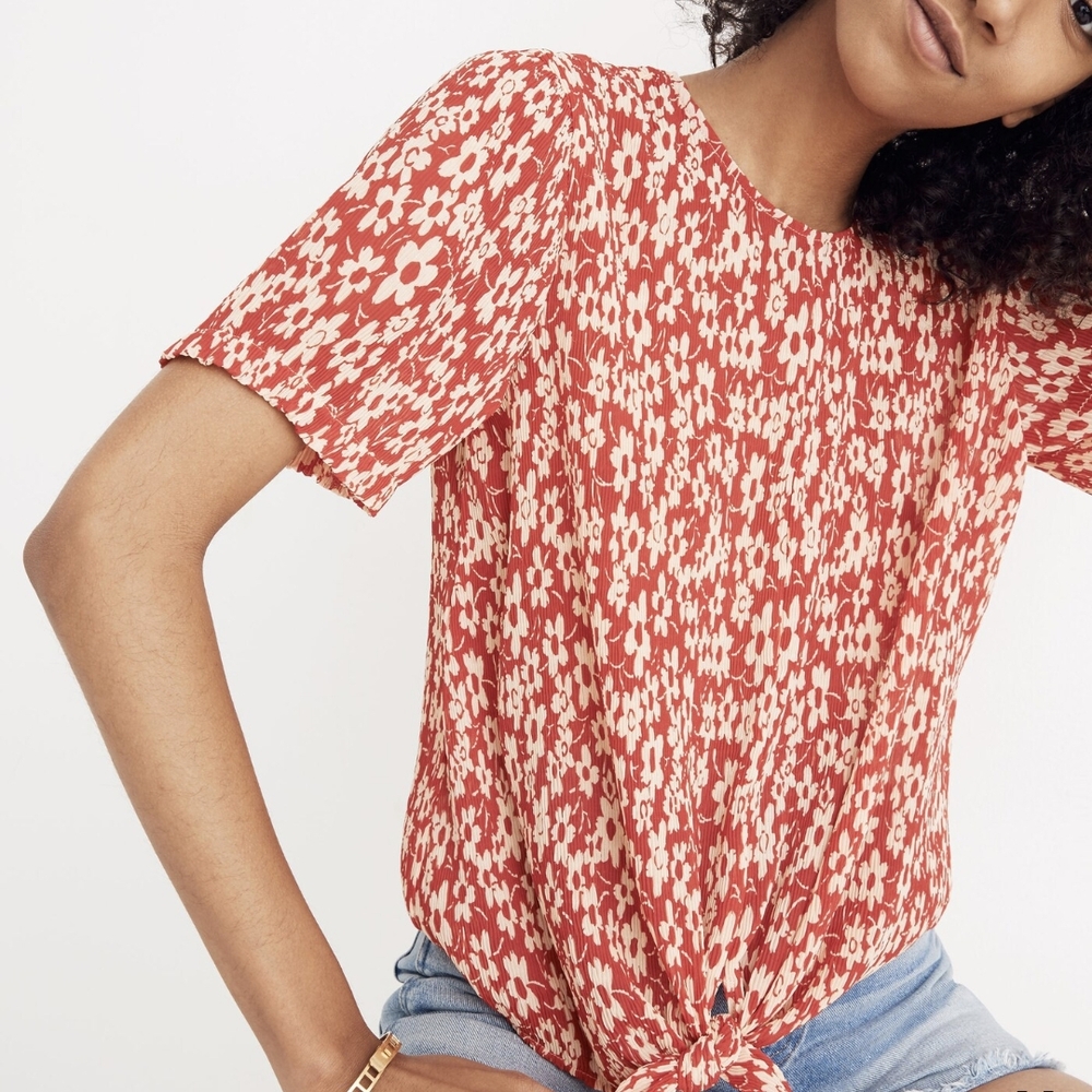 Madewell Red and White Smocked Tie Front Blouse
